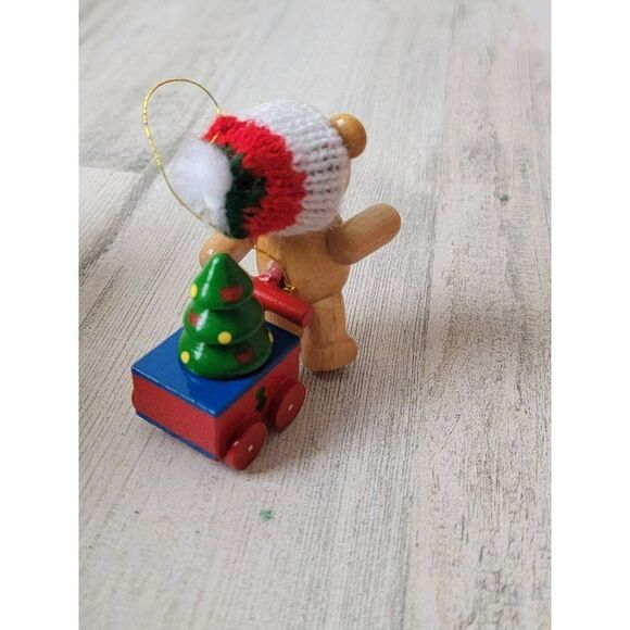 Wooden teddy bear wagon tree heart ornament Xmas decor - Picture 4 of 6